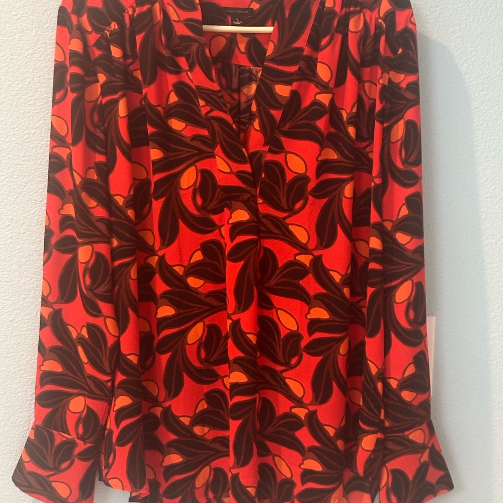 Ann Taylor Vibrant Orange and Black Floral Blouse